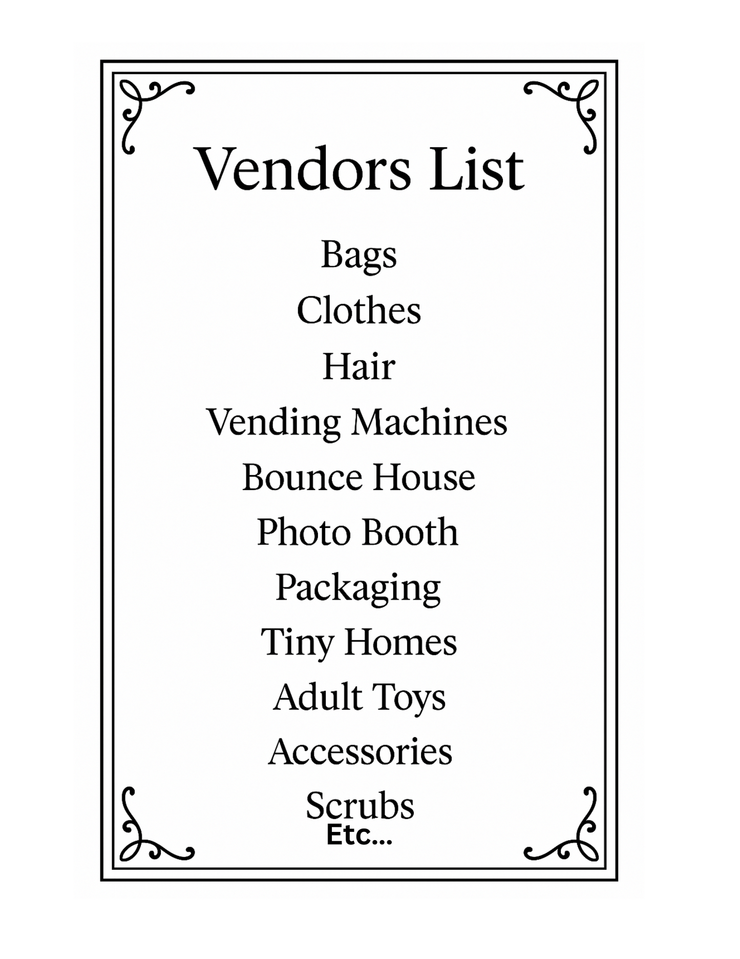 All exclusive vendor list